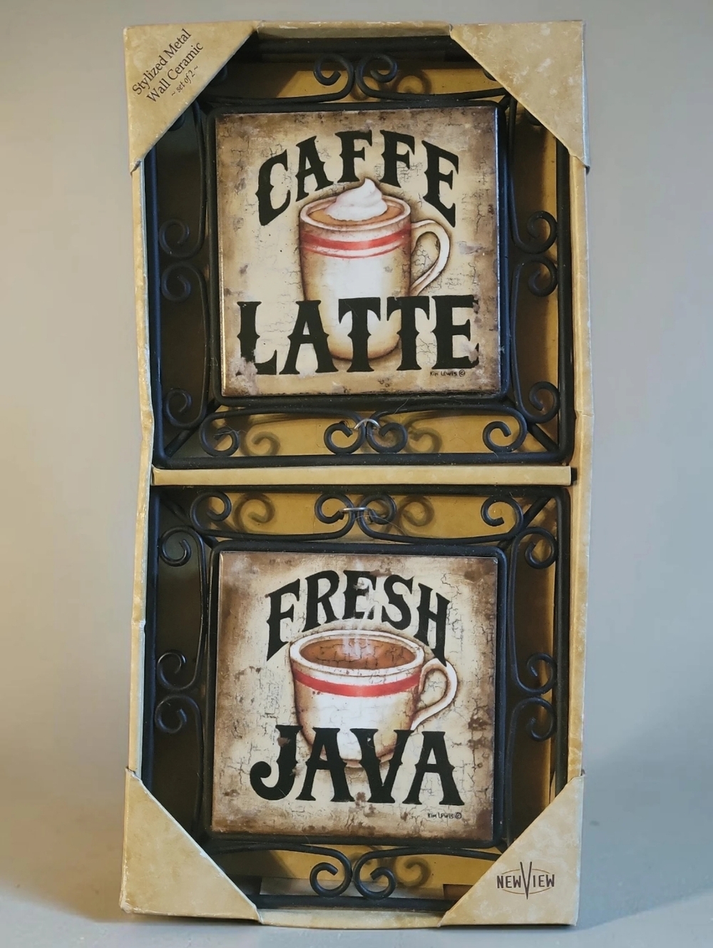 NWT Kim Lewis 2 Coffee Trivets Tiles Wall Art Fresh Java Caffe Latte NewView